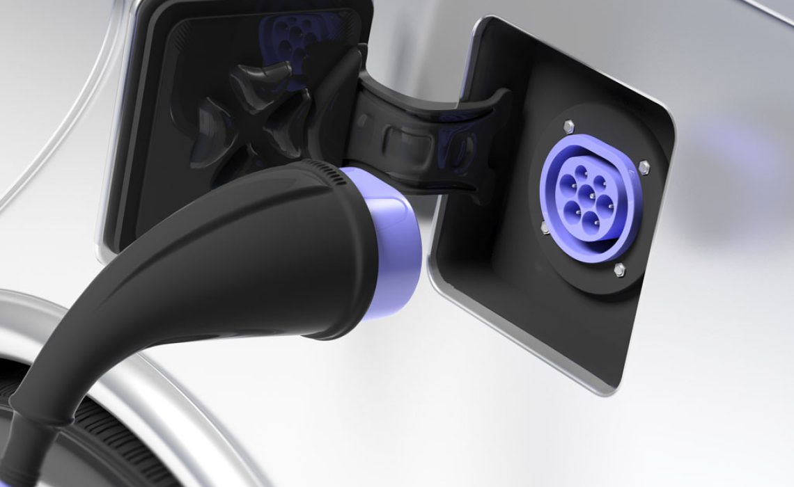 Electric car ev charger and socket inlet type 2 on white vehicle. 3d illustration
